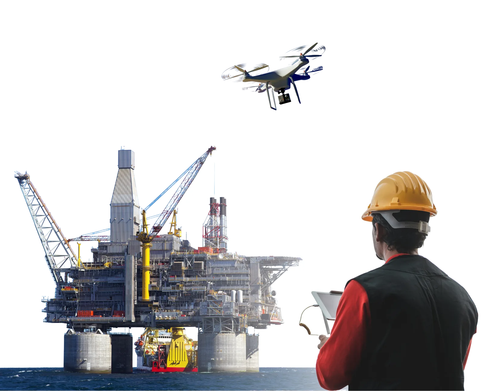 A field engineer flying a survey drone over an offshore production platform