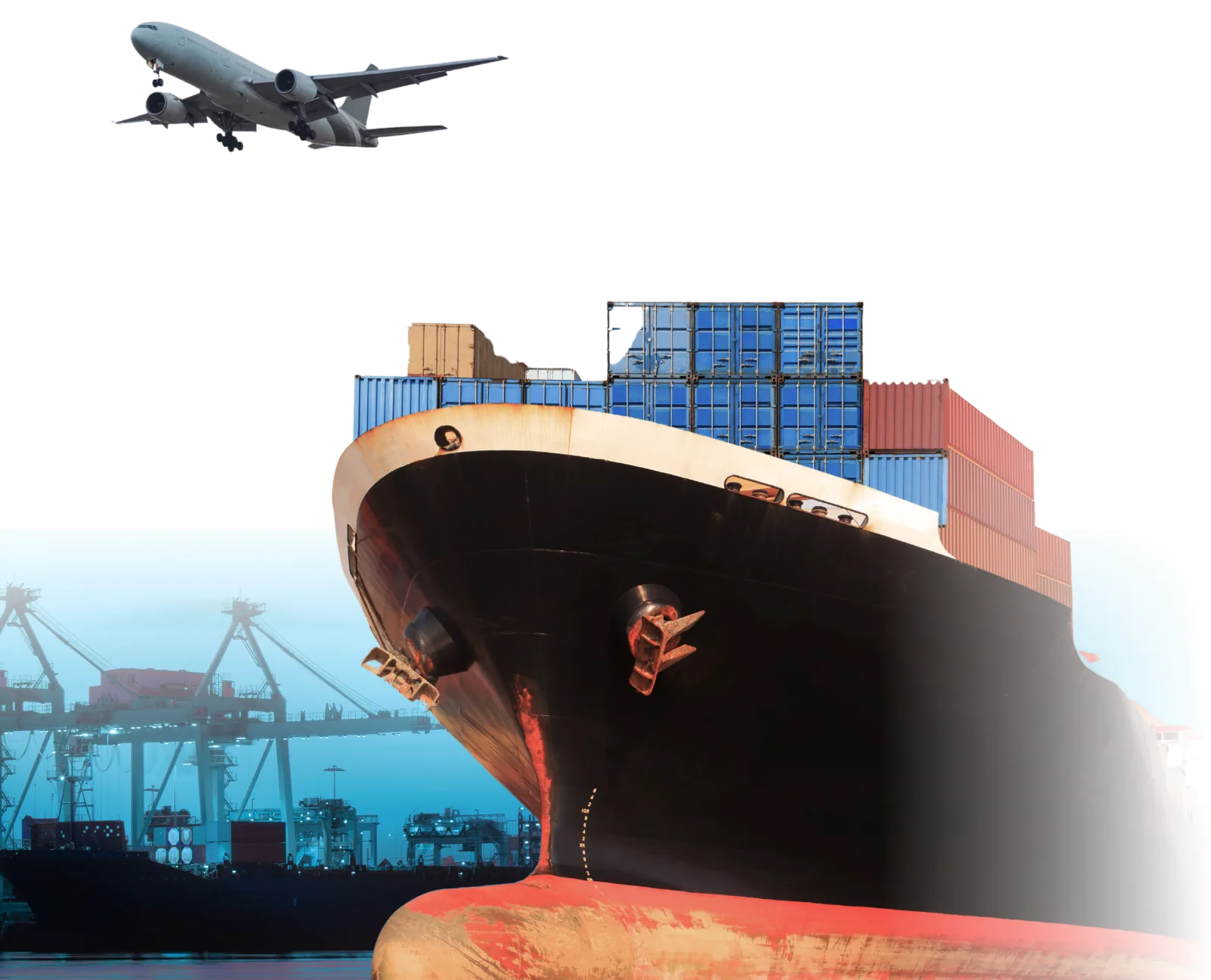 A loaded container ship at a port terminal with a cargo aircraft overhead