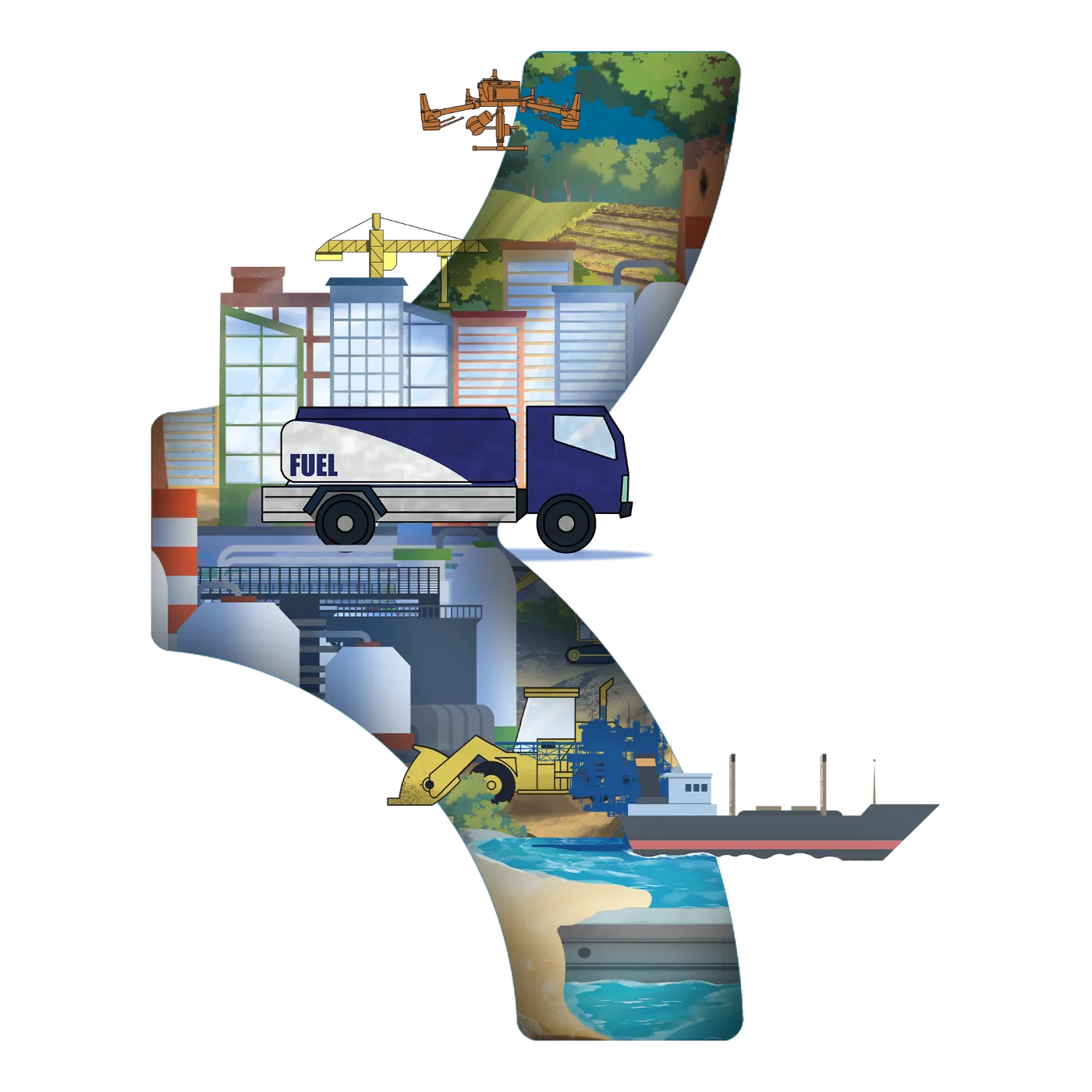 Illustration of the Kantara chain of work, from mapping and field logistics through supply to reclamation and restoration